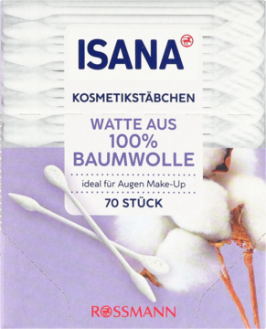 Isana patyczki kosmetyczne, 100% bawełny, 70 sztuk. Biało-fioletowe opakowanie z dwoma krzyżującymi się patyczkami i surową bawełną.