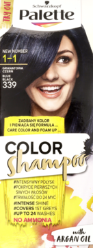 Schwarzkopf Palette Color Shampoo 339 Blue Black. Widok z przodu opakowania z modelką i jej granatowymi włosami.