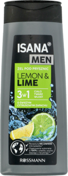 Isana Men żel pod prysznic 3w1 Lemon & Lime, szara butelka z czarną etykietą, widok z przodu, z cytryną i limonką.