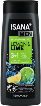 ISANA MEN Żel pod prysznic Lemon & Lime 3w1, ciemna butelka z zieloną etykietą, widok z przodu.
