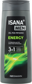 Szary żel pod prysznic ISANA MEN ENERGY 3w1 dla ciała, twarzy, włosów, z efektem świeżości, zielone akcenty, widok z przodu.