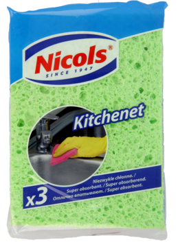 Nicols Kitchenet, opakowanie 3 zielonych gąbek celulozowych, widok z przodu, z napisem Super absorbent.