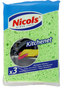 Nicols Kitchenet, opakowanie 3 zielonych gąbek celulozowych, widok z przodu, z napisem Super absorbent.