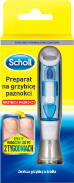 Scholl Preparat na grzybicę paznokci w żółto-niebieskim opakowaniu, z aplikatorem, widoczne efekty po 2 tygodniach.