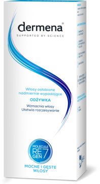 Białe opakowanie odżywki Dermena do włosów wypadających, wzmacniającej, ułatwiającej rozczesywanie. Widok z przodu.