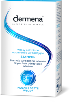 Białe pudełko szamponu Dermena Molecule Regen7 do włosów wypadających, widok pod lekkim kątem.