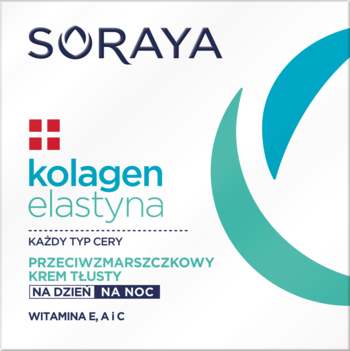 Soraya Kolagen Elastyna, krem tłusty przeciwzmarszczkowy na dzień/noc z witaminami E, A, C. Białe opakowanie, widok z przodu.