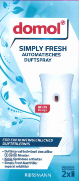 Domol Simply Fresh automatyczny odświeżacz powietrza, biały, z niebieskim tłem, widok z przodu, nowy design.