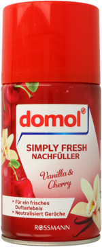 Czerwony wkład Domol Simply Fresh Vanilla & Cherry do automatycznego odświeżacza powietrza, widok z przodu.