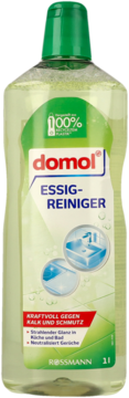 domol Essig-Reiniger 1l w przezroczystej butelce z zielonym płynem, widok z przodu. Etykieta wskazuje na usuwanie kamienia i brudu.