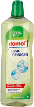 domol Essig-Reiniger 1l w przezroczystej butelce z zielonym płynem, widok z przodu. Etykieta wskazuje na usuwanie kamienia i brudu.
