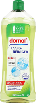 Domol uniwersalny płyn do czyszczenia z octem 1L, w przezroczystej butelce z zielonym korkiem, z przodu.