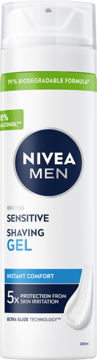 NIVEA MEN Sensitive Żel do golenia w białej puszce, biodegradowalny, bezalkoholowy, z przodu, z pianką.