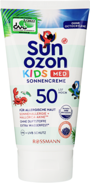 Krem Sunozon Kids Med SPF 50, biała tubka, widok z przodu, dla alergicznej skóry, bez octocrylenu.