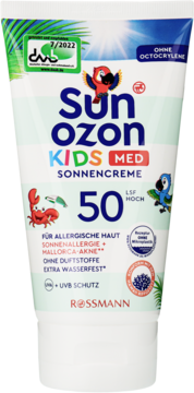 Krem Sunozon Kids Med SPF 50, biała tubka, widok z przodu, dla alergicznej skóry, bez octocrylenu.