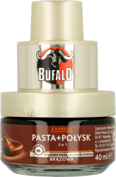 BÚFALO brązowa samonabłyszczająca pasta do butów 2w1 w szklanym słoiczku 40ml z logo byka, widok z przodu.
