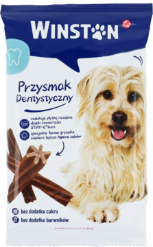 Granatowo-biała paczka Winston Przysmak Dentystyczny dla psa z uśmiechniętym psem i brązowymi gryzakami. Widok z przodu.