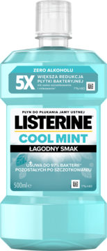 Listerine Cool Mint płyn 500ml, bez alkoholu, z przodu. Turkusowa butelka z białym napisem.