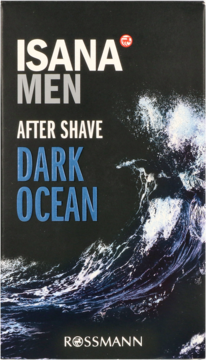 Czarne opakowanie wody po goleniu Isana Men Dark Ocean Rossmann z grafiką wzburzonej fali morskiej.