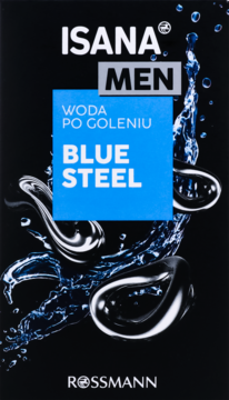 Czarna woda po goleniu ISANA Men Blue Steel, z niebieskim blokiem tekstowym i grafiką wody, widok z przodu.