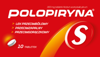 Czerwone pudełko Polopiryna S, 10 tabletek, lek przeciwbólowy, przeciwzapalny i przeciwgorączkowy, widok z przodu.