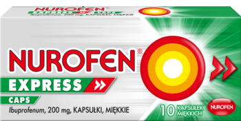 Biało-zielone opakowanie Nurofen Express Caps, ibuprofen 200mg, 10 miękkich kapsułek, widok z przodu.