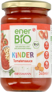 Słoik enerBiO Kinder Tomatensauce BIO 340ml, czerwony sos dla dzieci, wegański, bezglutenowy, widok z przodu.