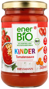 enerBiO Kinder Tomatensauce Rossmann 340ml. Szklany słoik z czerwoną etykietą, Bio-Siegel, widok z przodu.