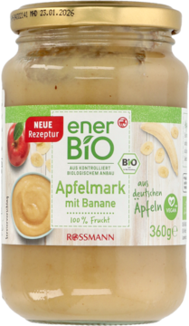 Słoik EnerBio z ekologicznym przecierem jabłkowo-bananowym 360g, zielono-biała etykieta, widok z przodu.