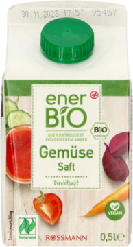 enerBio bio sok warzywny Rossmann w biało-zielonym kartonie z zieloną zakrętką, z obrazkami pomidorów i marchwi.