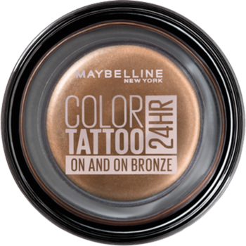 Maybelline Color Tattoo 24HR On and On Bronze, brązowy kremowy cień w okrągłym słoiczku, widok z góry.