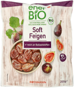 Opakowanie EnerBiO Soft Feigen z brązowymi figami w miseczce na jasnym, drewnianym tle, widoczne od przodu.