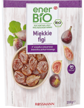 Biało-fioletowe opakowanie enerBiO Miękkie figi, Rossmann, z miską suszonych fig i świeżymi owocami, 200g.