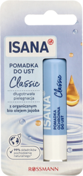 ISANA pomadka do ust Classic z bio olejem jojoba, w jasnoniebieskim sztyfcie, widok z przodu w opakowaniu.