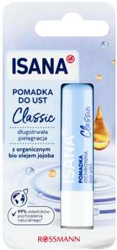 ISANA Classic pomadka ochronna do ust z bio olejem jojoba, w błękitnym blistrze, widok z przodu.