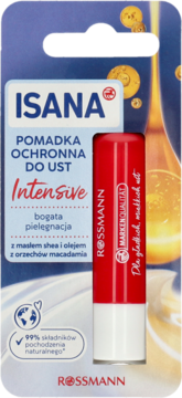 Pomadka ochronna ISANA Intensive z masłem shea i macadamią, czerwony sztyft w blistrze, widok z przodu.