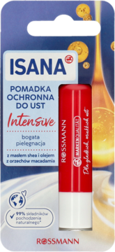 Pomadka ochronna ISANA Intensive z masłem shea i macadamią, czerwony sztyft w blistrze, widok z przodu.