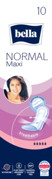 Opakowanie podpasek Bella Normal Maxi 10 sztuk, z wizerunkiem kobiety, grafiką oddychającej podpaski i ikonami no perfume.