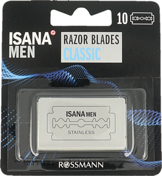 Isana Men Classic 10 sztuk żyletek do golenia, w czarnym blistrze z niebieskimi falami, widok z przodu.