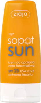 Wegański krem do opalania Ziaja Sopot Sun SPF 25, pomarańczowa tuba, ochrona średnia, widok z przodu.