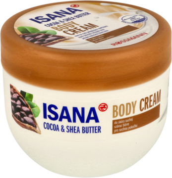 Isana Cocoa & Shea Butter krem do ciała w białym słoiku z brązową nakrętką, widok z przodu, lekko z boku.