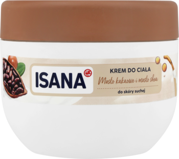Krem do ciała Isana Cocoa & Shea Butter, biały słoik z brązową pokrywką, do skóry suchej, widok z przodu.