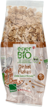 Płatki orkiszowe EnerBio Dinkel Flakes bez dodatku cukru w przezroczystej torbie, widok z przodu, 200g.