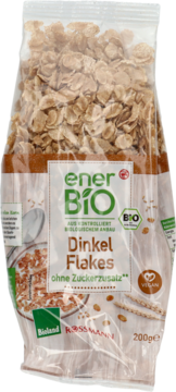 Płatki orkiszowe EnerBio Dinkel Flakes bez dodatku cukru w przezroczystej torbie, widok z przodu, 200g.