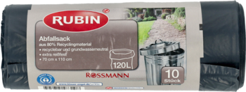 Czarne worki RUBIN na odpady, 120L (10 sztuk), z 80% recyklingu, etykieta Rossmann, widok z przodu.