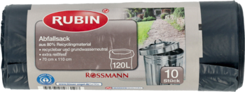 Czarne worki RUBIN na odpady, 120L (10 sztuk), z 80% recyklingu, etykieta Rossmann, widok z przodu.