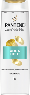 Biały szampon Pantene Pro-V Aqua Light dla włosów przetłuszczających się, widok z przodu, z kapsułkami.