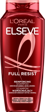 L'Oréal Elseve Full Resist Szampon Wzmacniający, czerwona, przezroczysta butelka z białymi napisami, widok z przodu.
