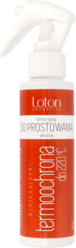 Biała butelka Loton Termo-spray do prostowania włosów, z pomarańczową etykietą "termoochrona do 220°C", widok z przodu.