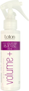 Loton Volume Spray 125ml, biała butelka z fioletową etykietą, do objętości włosów, widok frontalny.